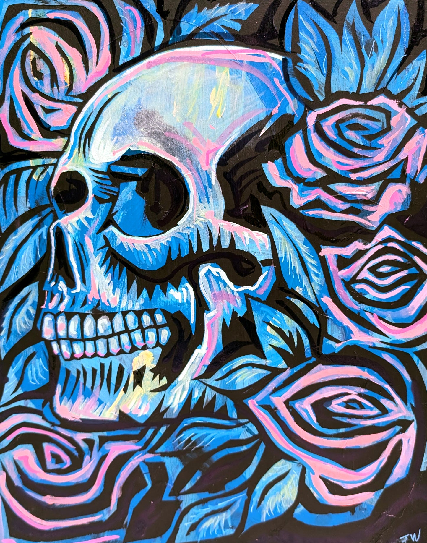 Blue Skull and Pink Roses