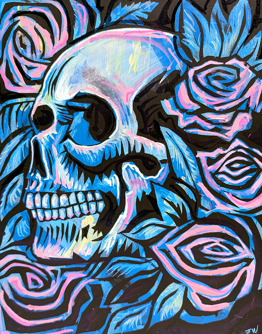 Blue Skull and Pink Roses