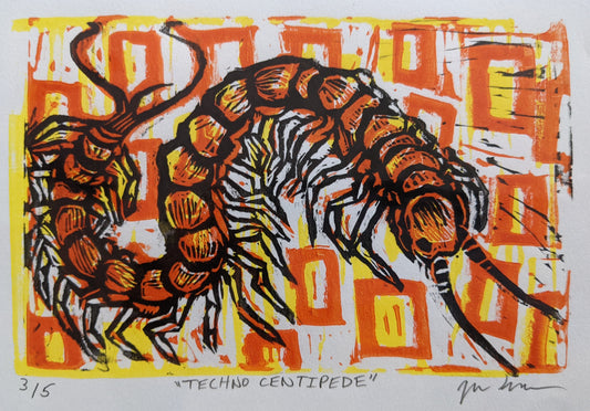Techno Centipede Tricolor Orange Linocut