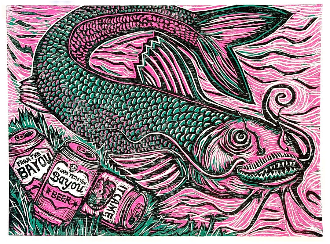 Woodblock Print of a cat fish with pink and green colors, surrounded by Bayou Beer cans.