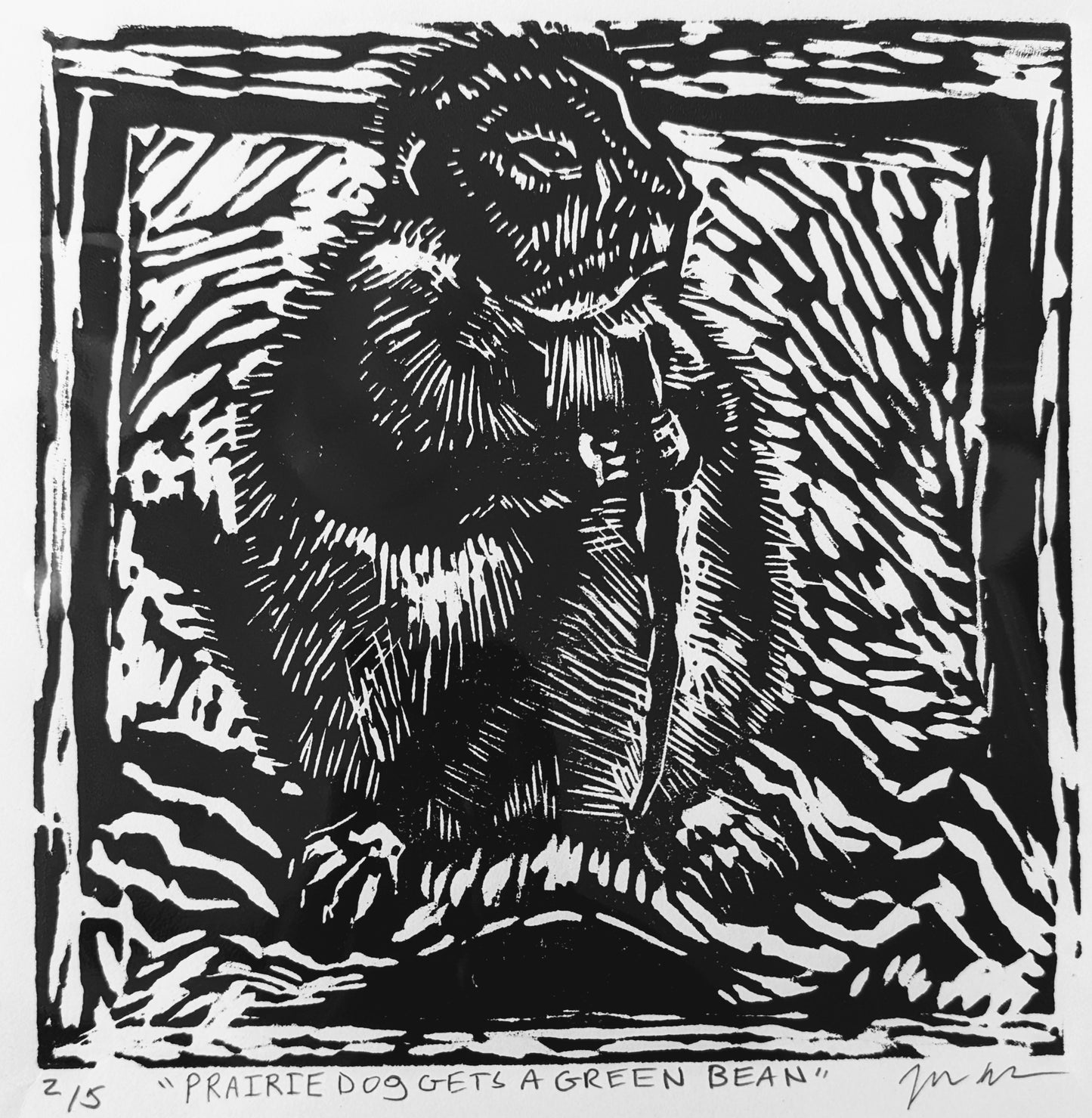 Prairie Dog Gets a Green Bean Linocut