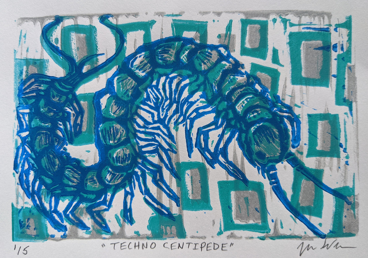 Techno Centipede Tricolor Blue Linocut