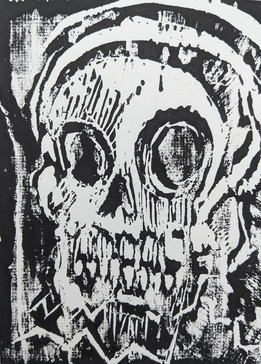 Left facing skull -Untitled Linocut print